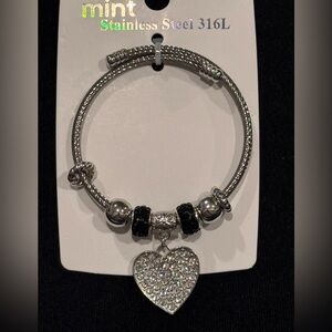Mint Silver Stainless Steel Adjustable Bracelet Heart Charm and Black Accents